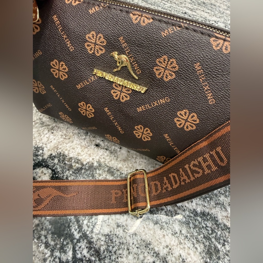 NWT Brown Monogram Crossbody Bag with Faux Leather Trim - Picture 15 of 16